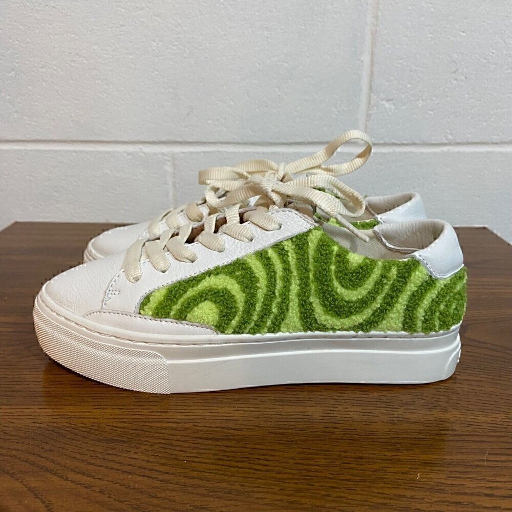 Soludos Women Ibiza Platform Leather Sneaker Green Embroidered Spiral Groovy Fun